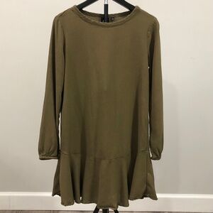 GAP XS Petite Olive Green Long Sleeve Shift Dress Flounce Hem NWT